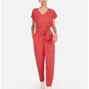 Express V neck striped jumpsuit Sz S tie belt lined New